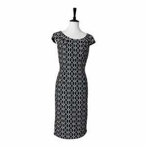 David Meister Black White Geometric Chain Sheath Dress Cap Sleeve Size 8